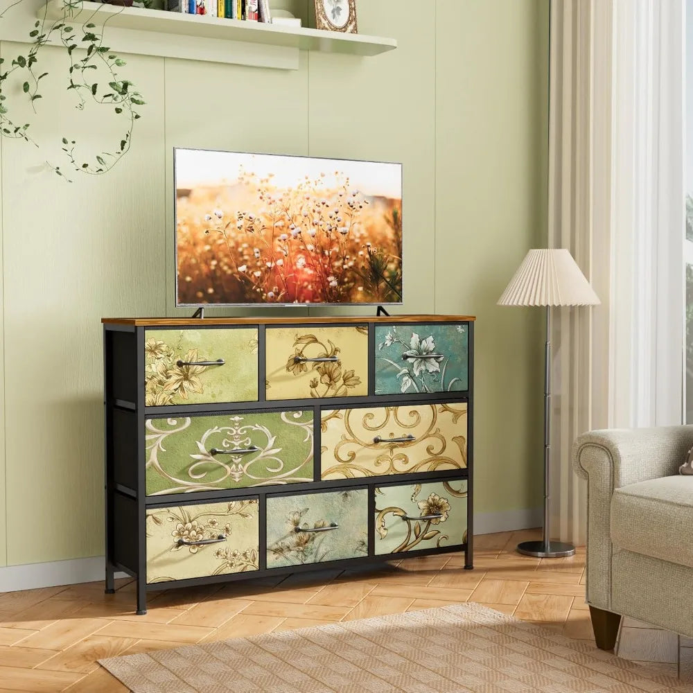 Vintage 8 Drawer Fabric Dresser Chest for Bedroom Living Room and Nursery