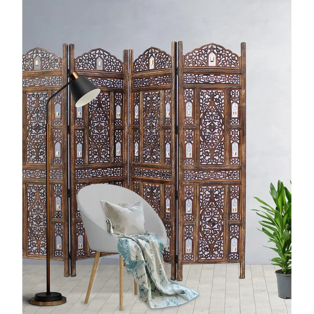 LuxeMerge Room Divider Wood Screen Ghanti Bells Four Panel