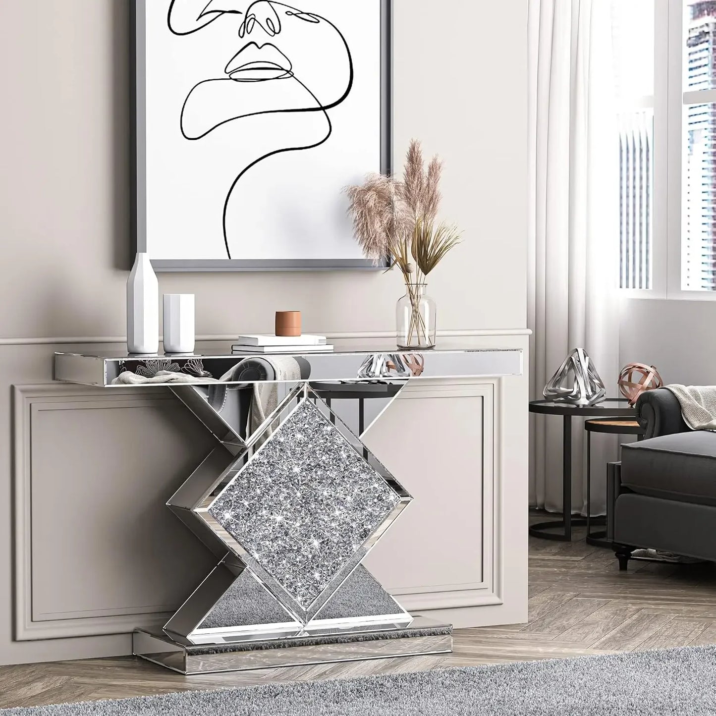 SHYFOY Mirrored Diamond Accent Console Table For Foyer