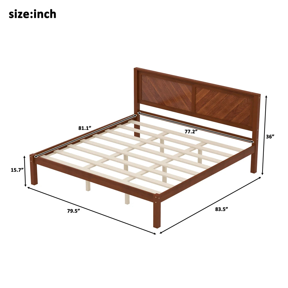 Solid Wood Platform Bed With Herringbone Headboard And Storage