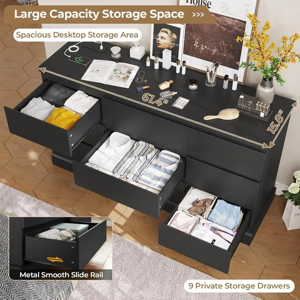 Modern Black Dresser with 9 Drawers Large Capacity for Stylish Bedroom Storage