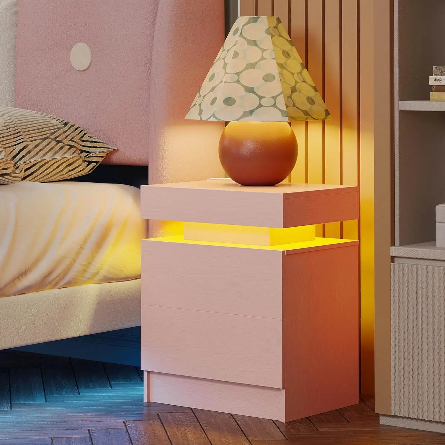 LIKIMIO Nightstand With Charging Station Modern LED Drawers