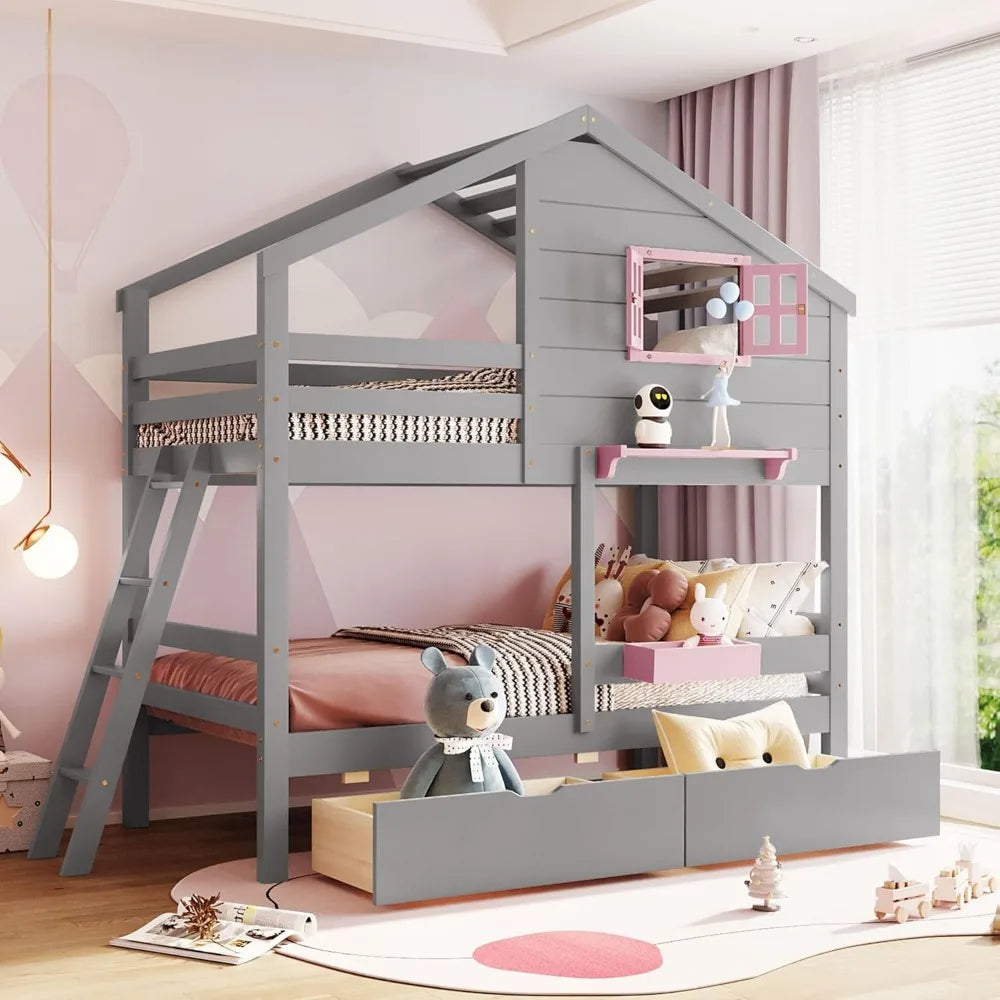 Twin Over Twin Bunk Bed Playhouse With Drawers