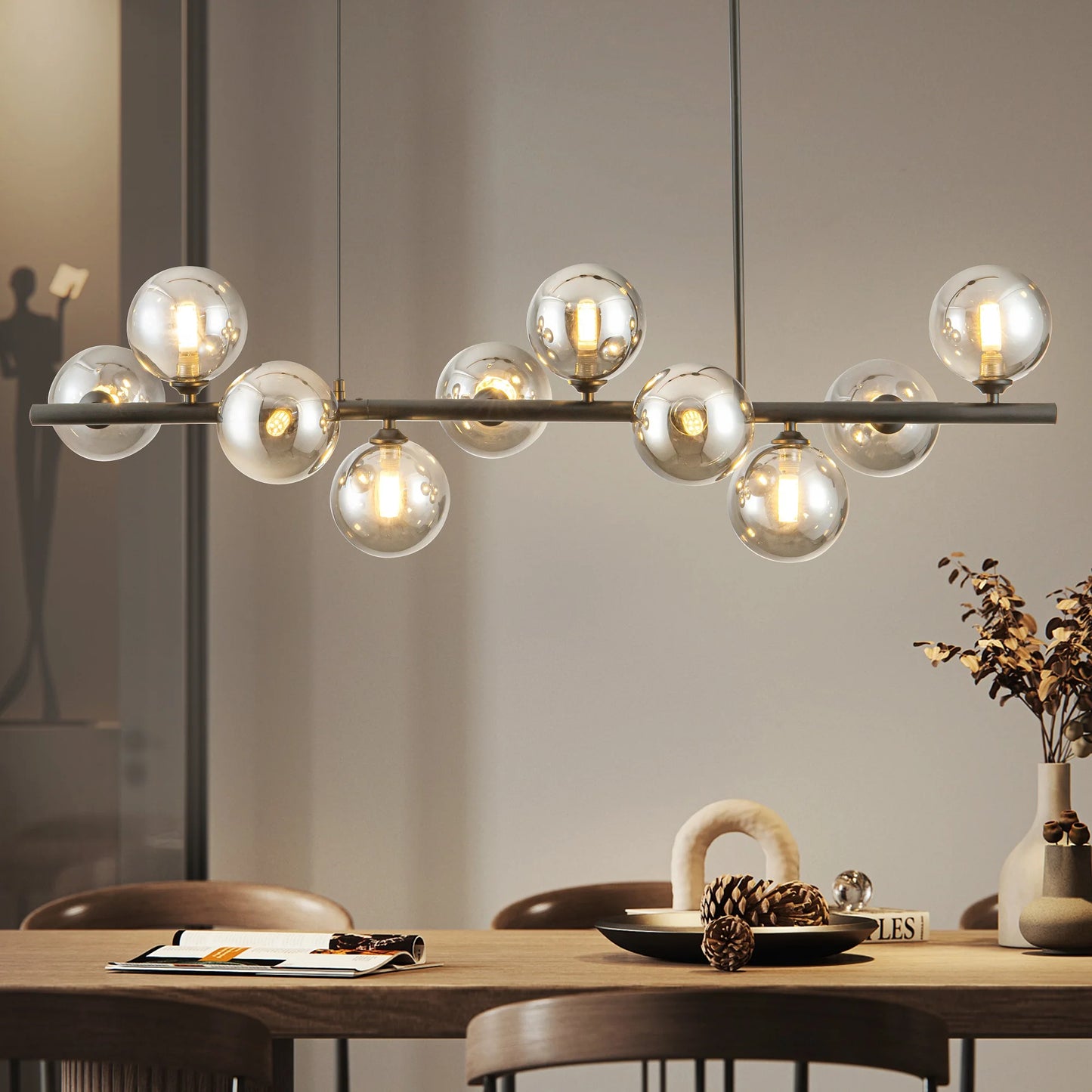 10 Light Linear Chandelier With Shades Mid Century