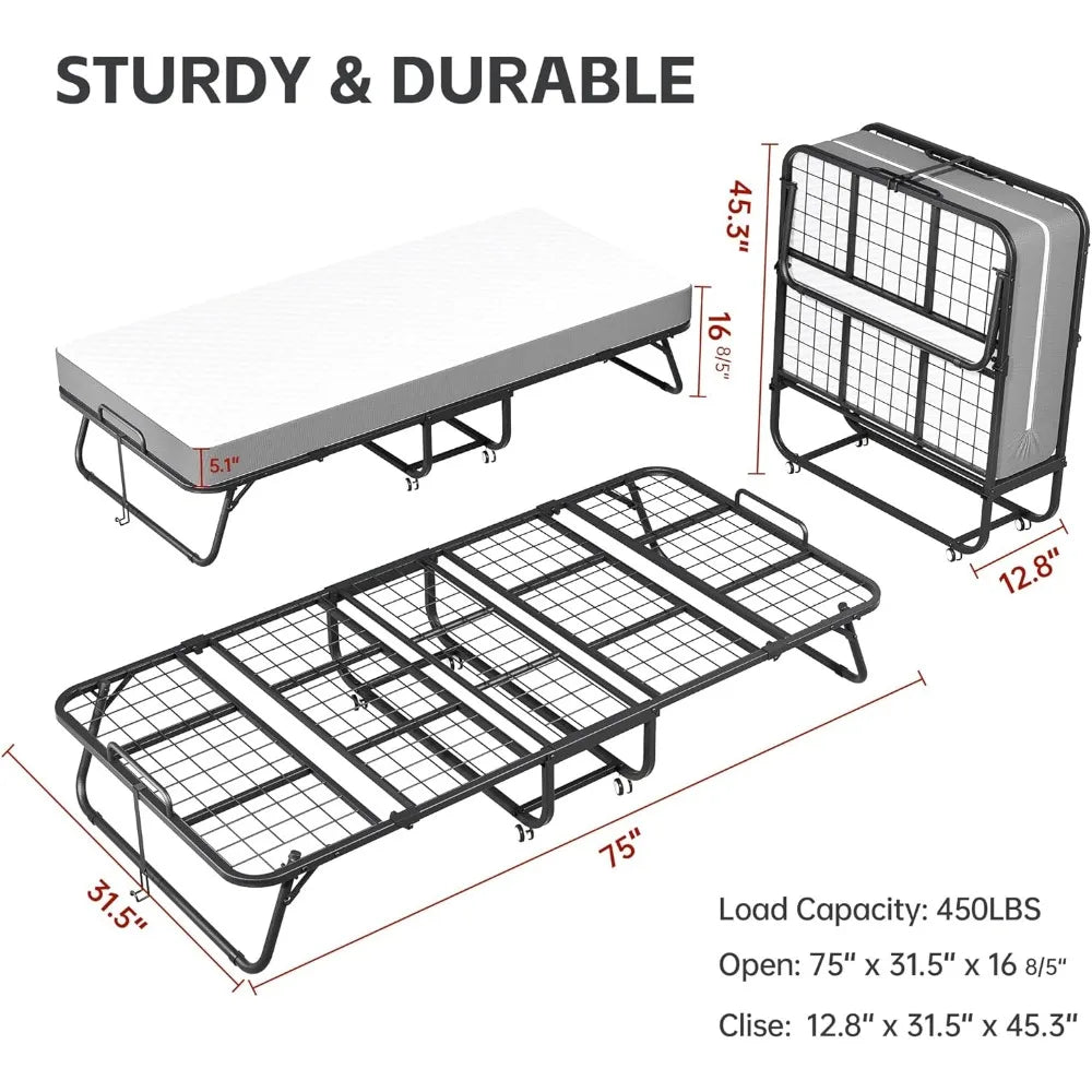 Folding Bed With Memory Foam Mattress And Wheels