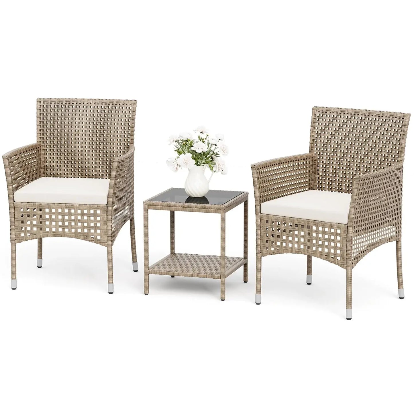 Outdoor Wicker 3 Piece Patio Set Glass Table Weatherproof