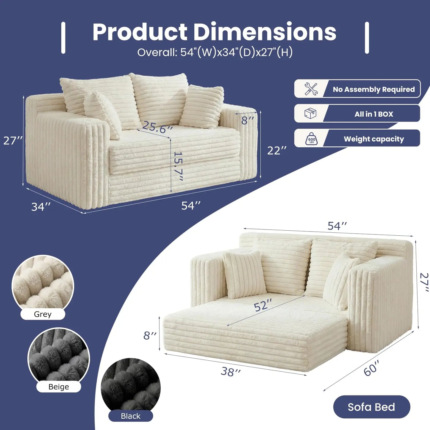 Furry 3-In-1 Convertible Sofa Bed With Detachable Cushions And 4 Pillows