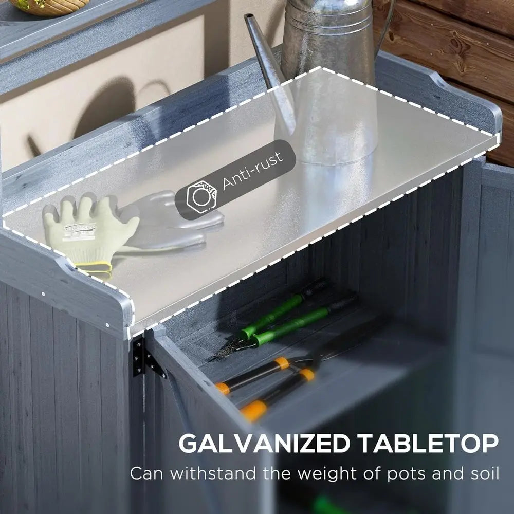 MKDK Outdoor Potting Bench With Storage Galvanized Tabletop