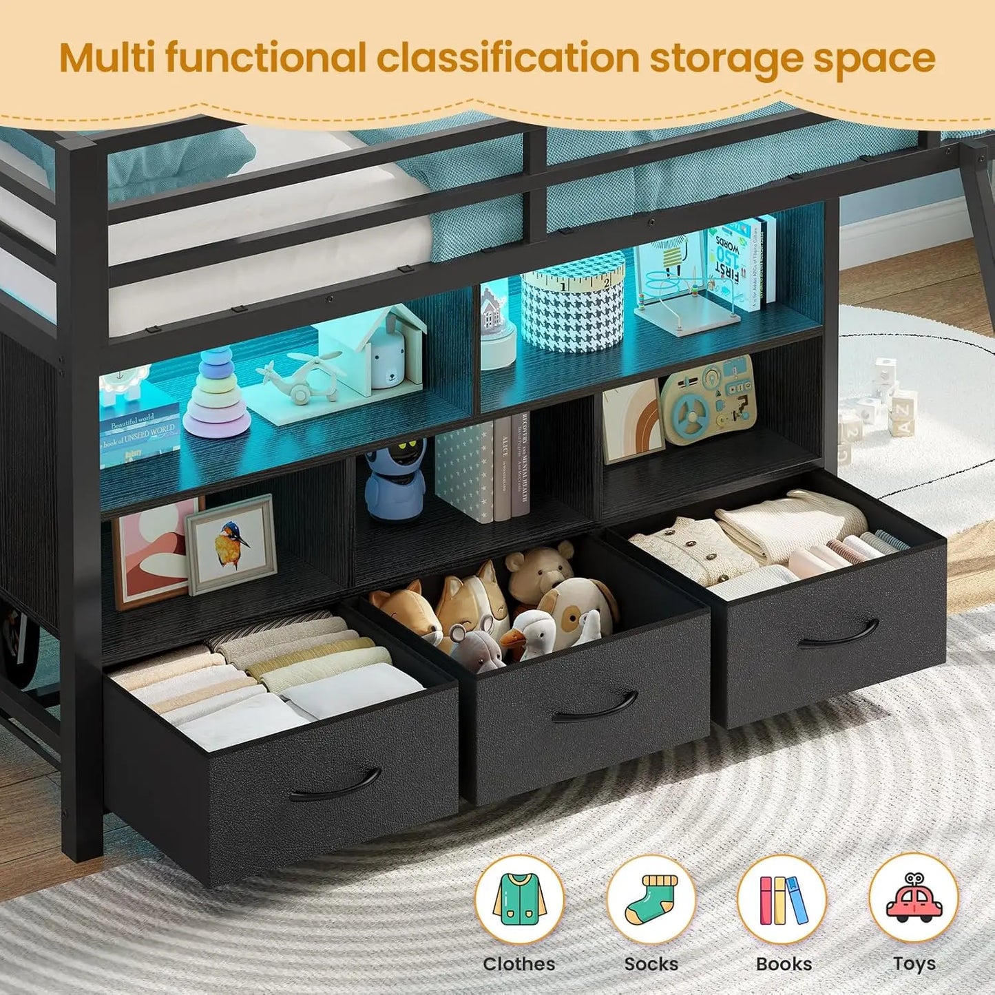 Low Loft Metal Bed 3 Drawers Bookshelf LED Guardrail
