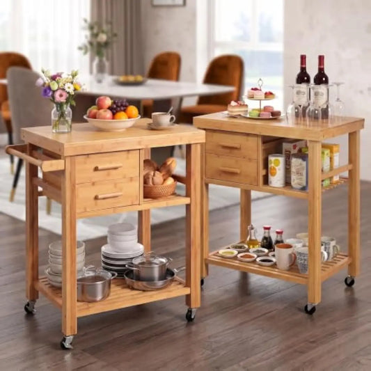 Bamboo Rolling Island Cart with Drawers and Braked Casters