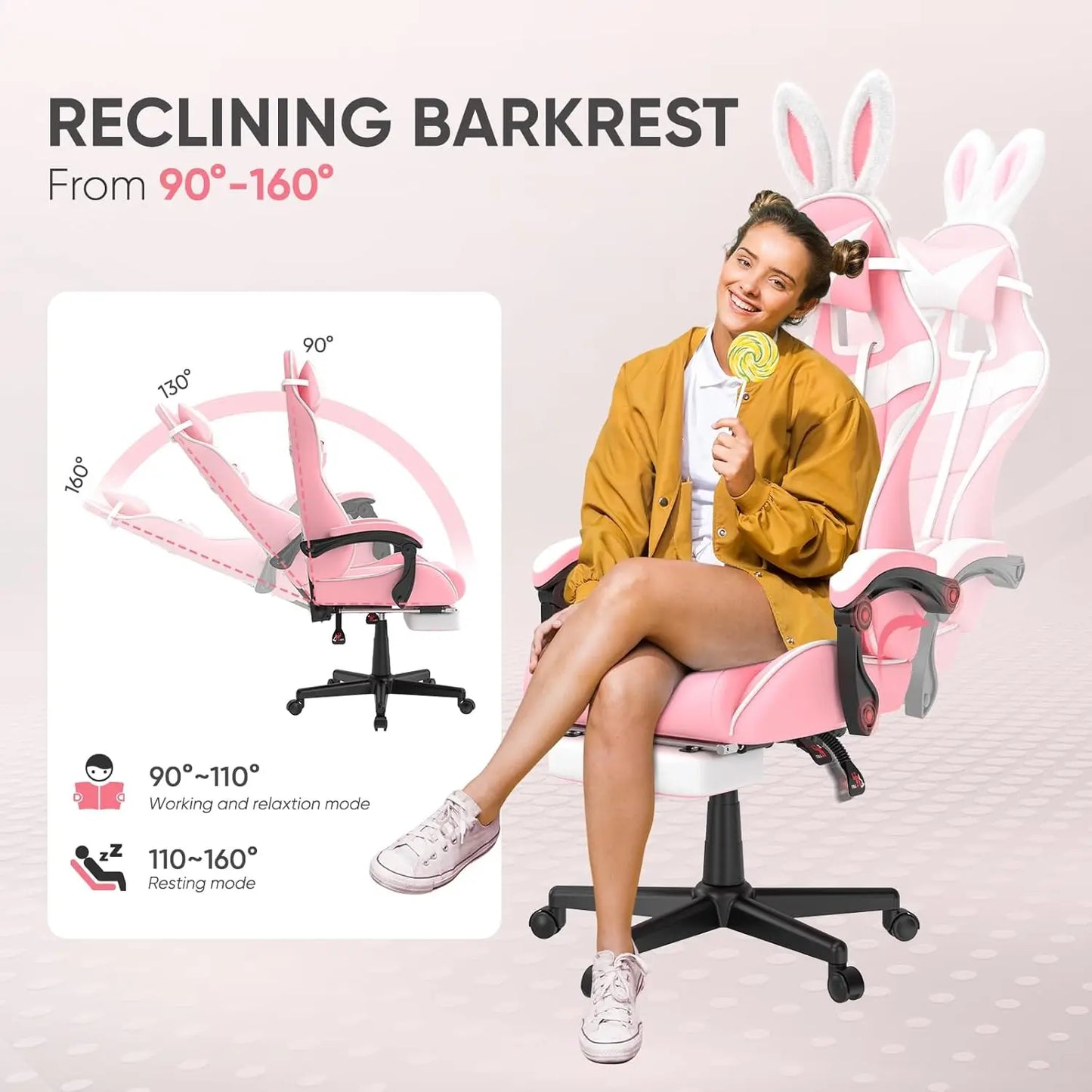 Ergonomic Gaming Chair With Bunny Ears Headrest Lumbar Support