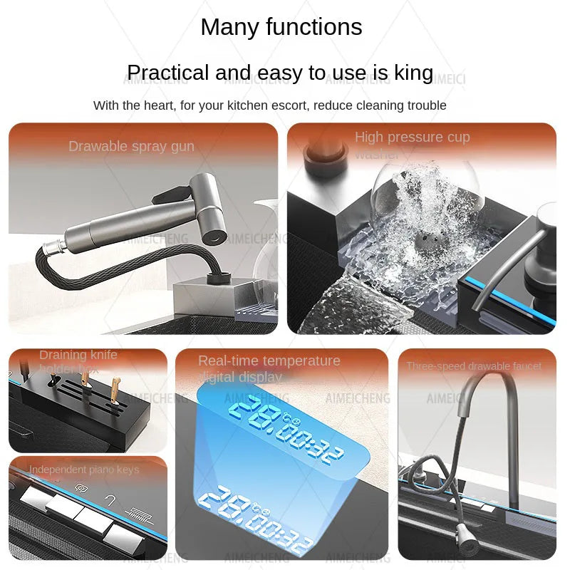 304 Stainless Steel Kitchen Waterfall Sink Digital Display