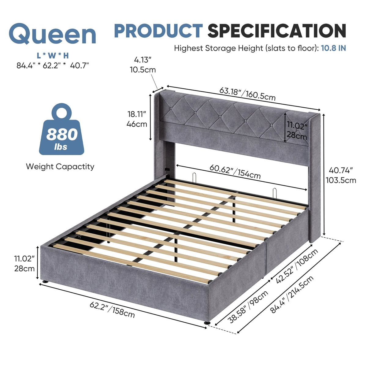 JHK Upholstered Lift Up Storage Bed Frame With Wingback Headboard