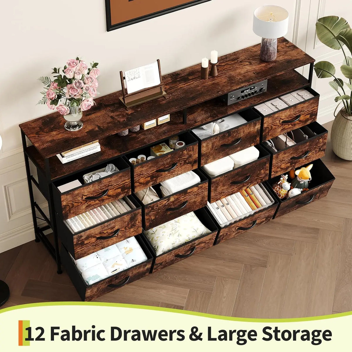 HiMISS Multidrawer Storage Console With Open Compartments Steel Frame