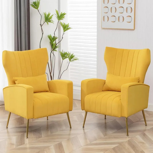 Byellow Velvet Wingback Chairs Set For Living Room