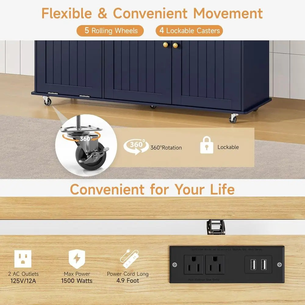Drop Leaf Bamboo Kitchen Island With Power Outlet And Rack
