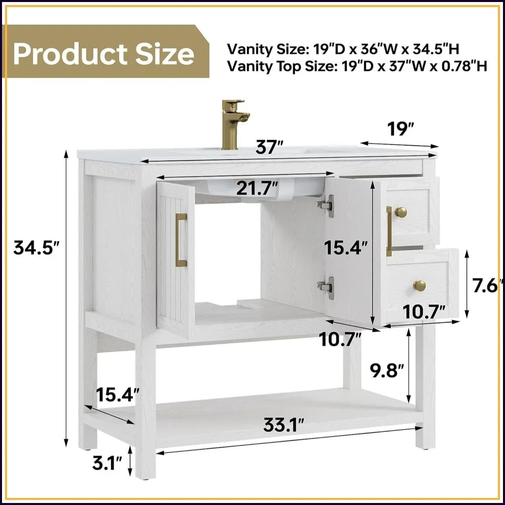 Solid Wood Bathroom Vanity With Integrated Sink And Soft Close Drawers