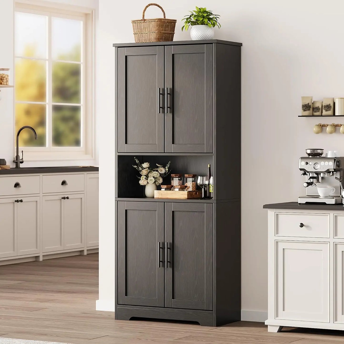 Studyset Freestanding Kitchen Pantry Cabinet Four Doors Adjustable Shelves