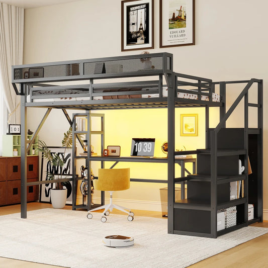 Modern Metal Loft Bed With Attached Desk And Shelving