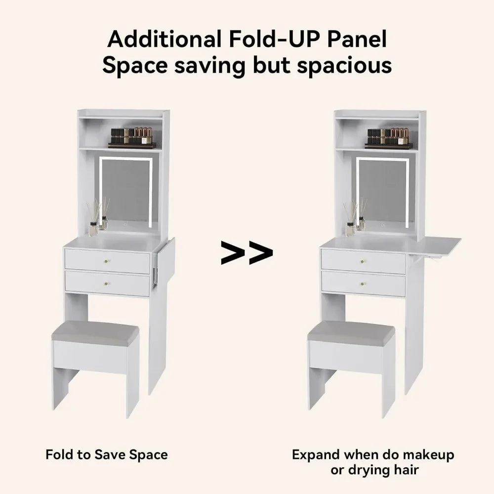 Small Vanity Desk Set with Lighted Mirror and Storage Chair for Small Spaces
