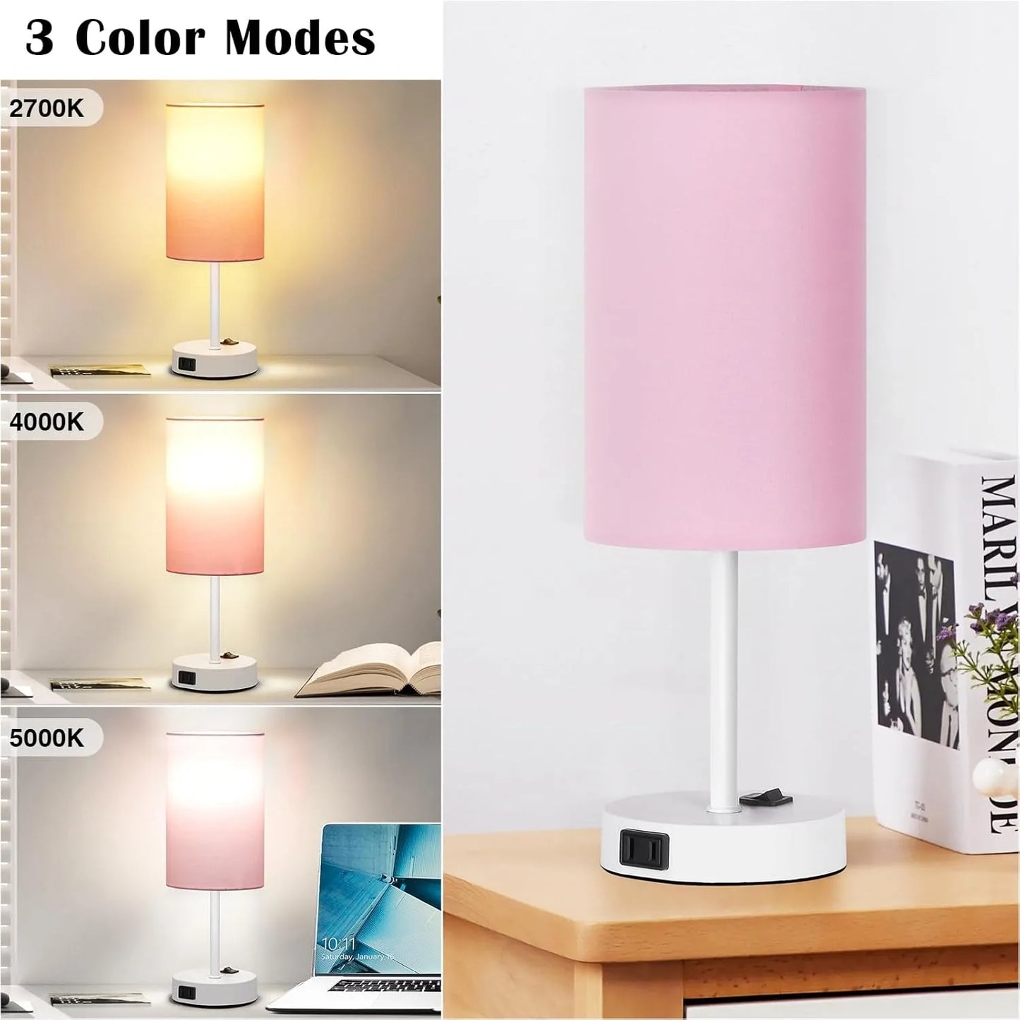 Pink Fabric Shade Nightstand Desk Lamp with White Base for Home Decor