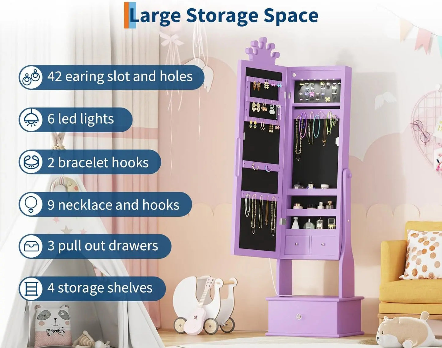 HiMISS Kids Jewelry Armoire With LED Mirror Lockable Drawers