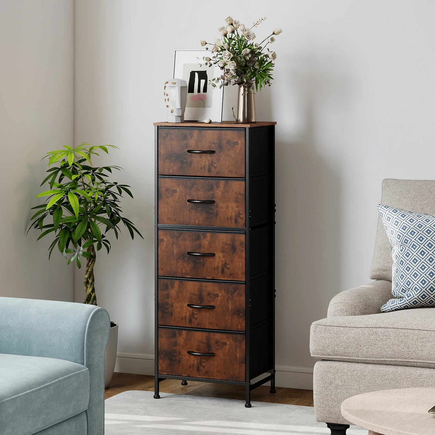 JHK Five Drawer Dresser With Steel Frame For Bedroom