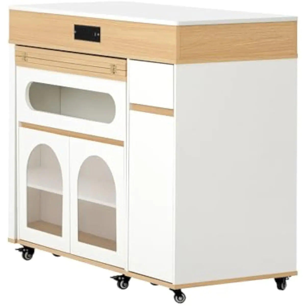 Rolling Extendable Kitchen Island Glass Door Cabinet With Drawers