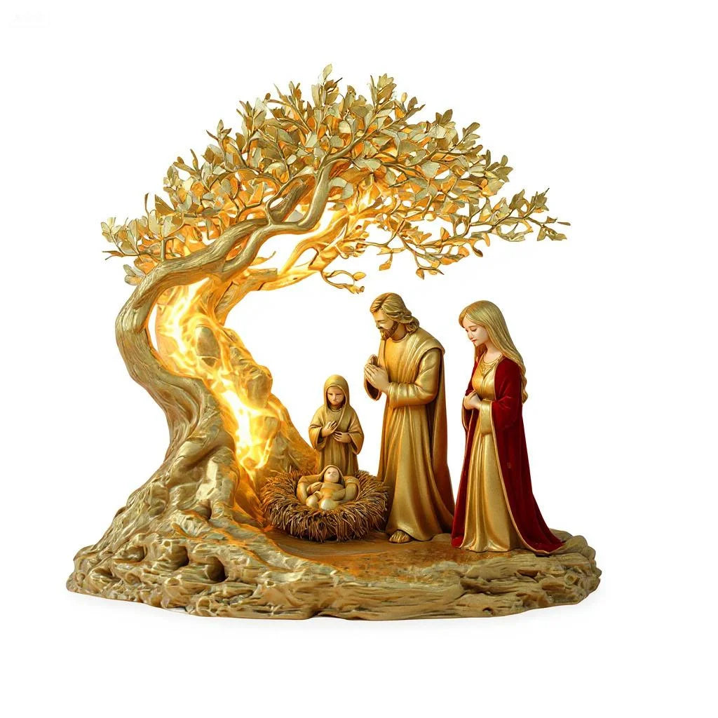 2D Flat Prayer Under Moonlight Tree Decoration Religious Artwork