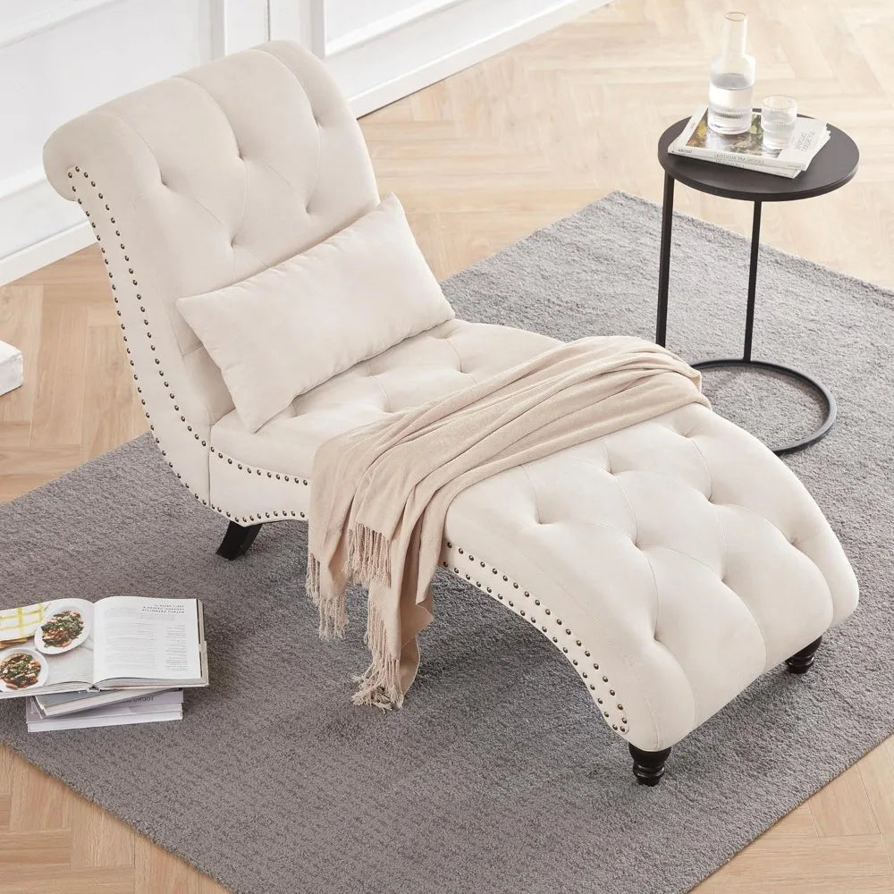 Tufted Soft Chaise Lounge Chair for Bedroom and Living Room in Beige Linen