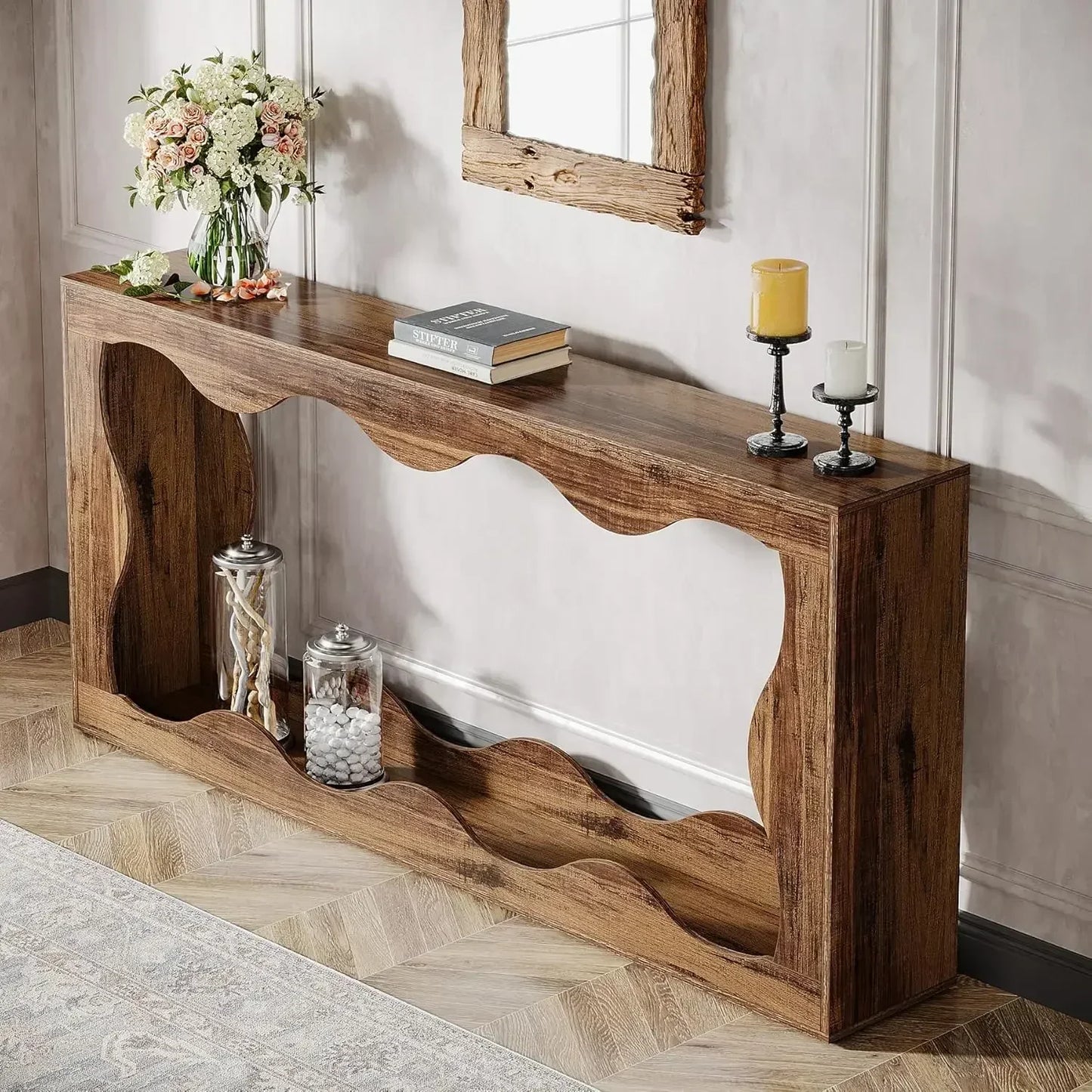 63 Inch Rustic Farmhouse Console Table with Storage for Living Room Decor