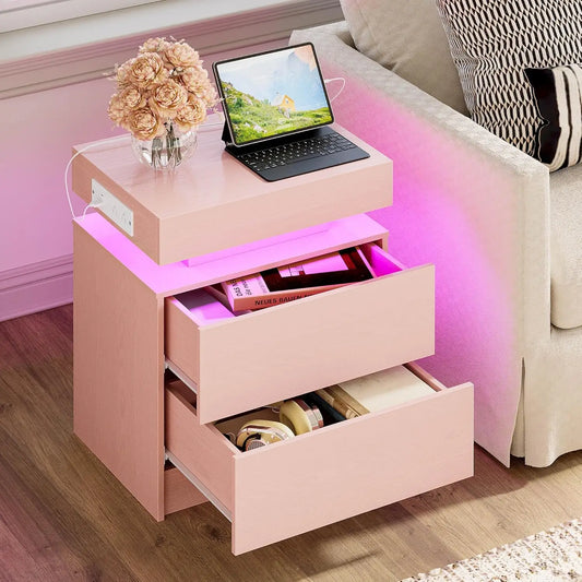 LIKIMIO Nightstand With Charging Station Modern LED Drawers