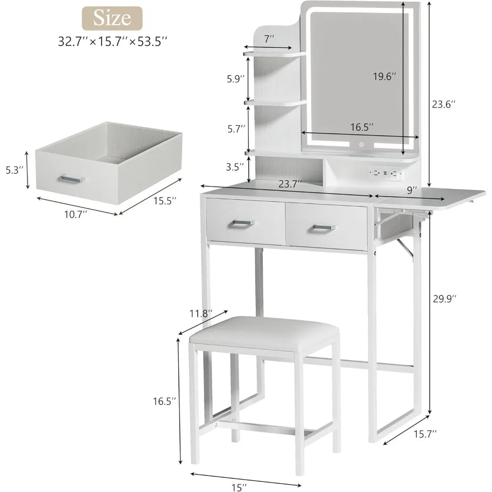 Makeup Vanity with Foldable Panel and Power Outlet