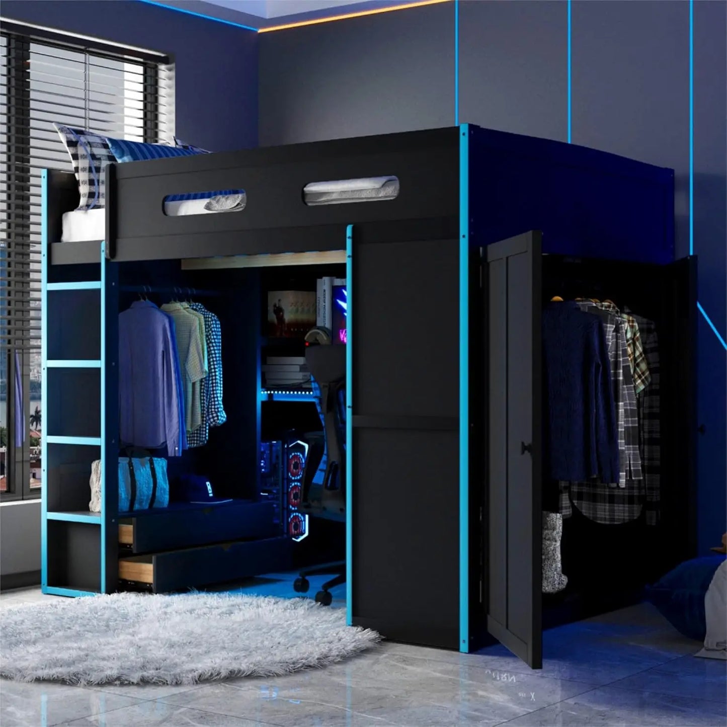 Wood Gaming Loft Bed With Desk Storage LED ChargingStation
