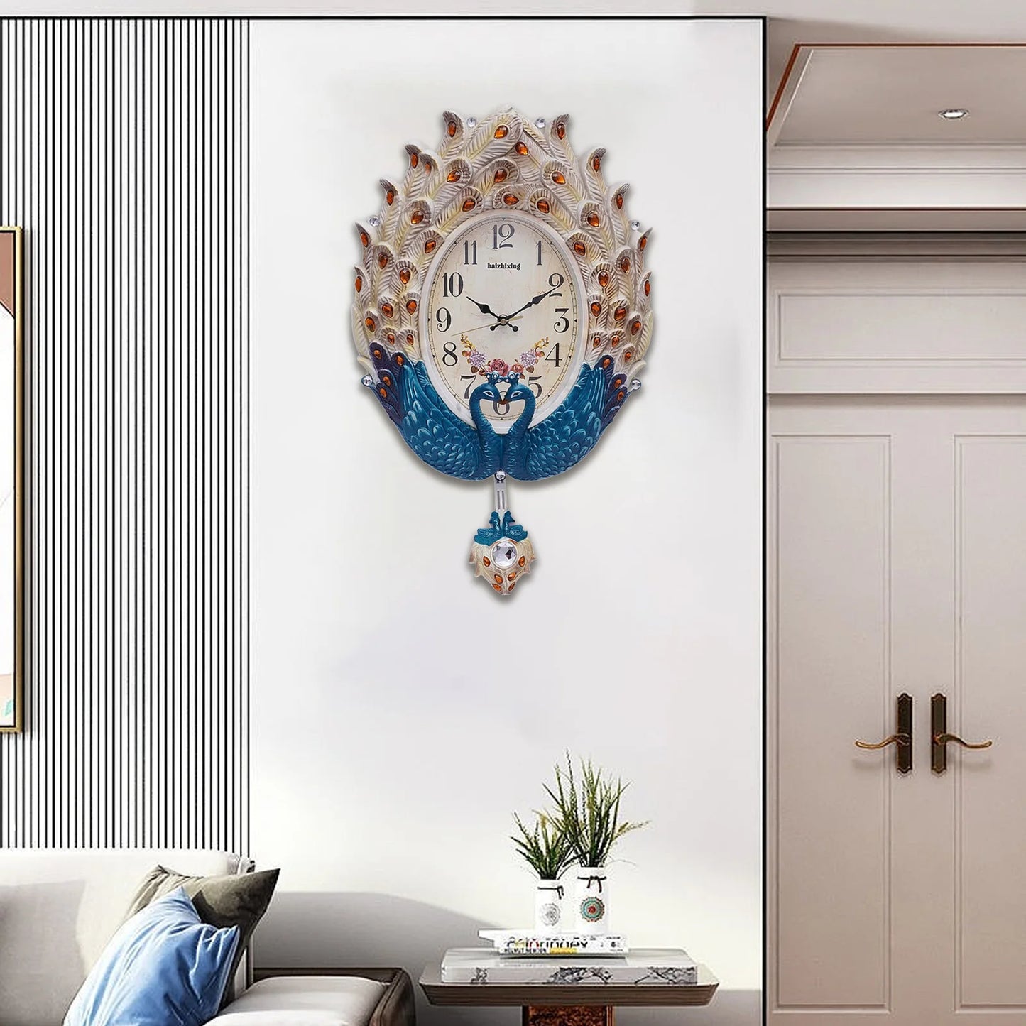 NONED Peacock Wall Clock Modern Pendulum Crystal Accents