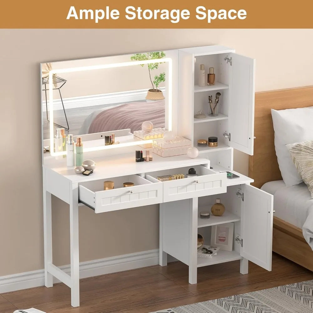 Vanity Desk With Mirror And Built In Lighting And Drawers