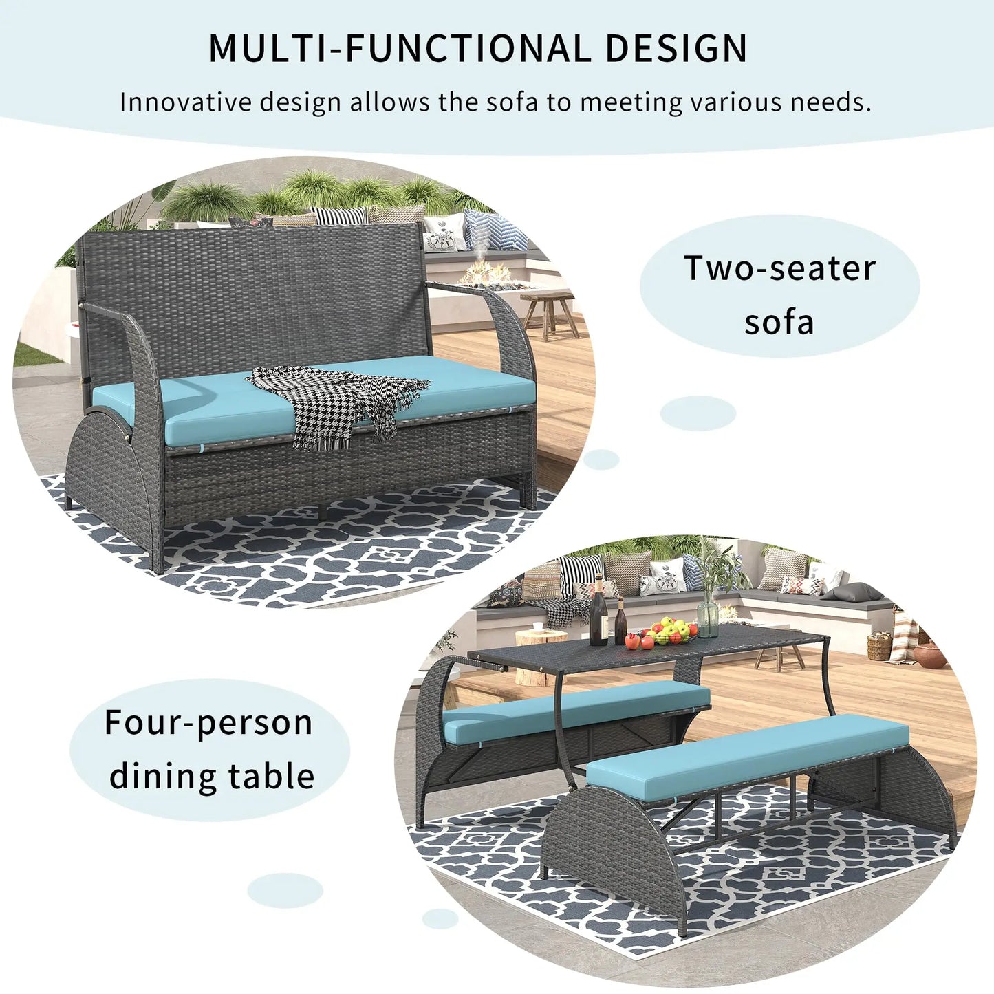 Outdoor Rattan Loveseat Convertible Picnic Bench Table