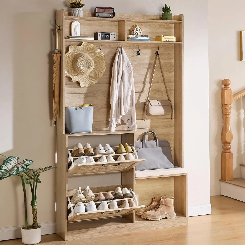 Boho Hall Tree With Bench And Shoe Storage Mudroom Oak Finish