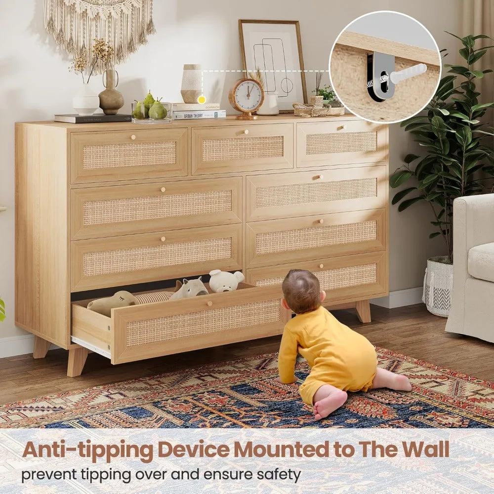 Rattan Dresser with 9 Drawers Natural Finish Modern Wooden Tall Cabinet