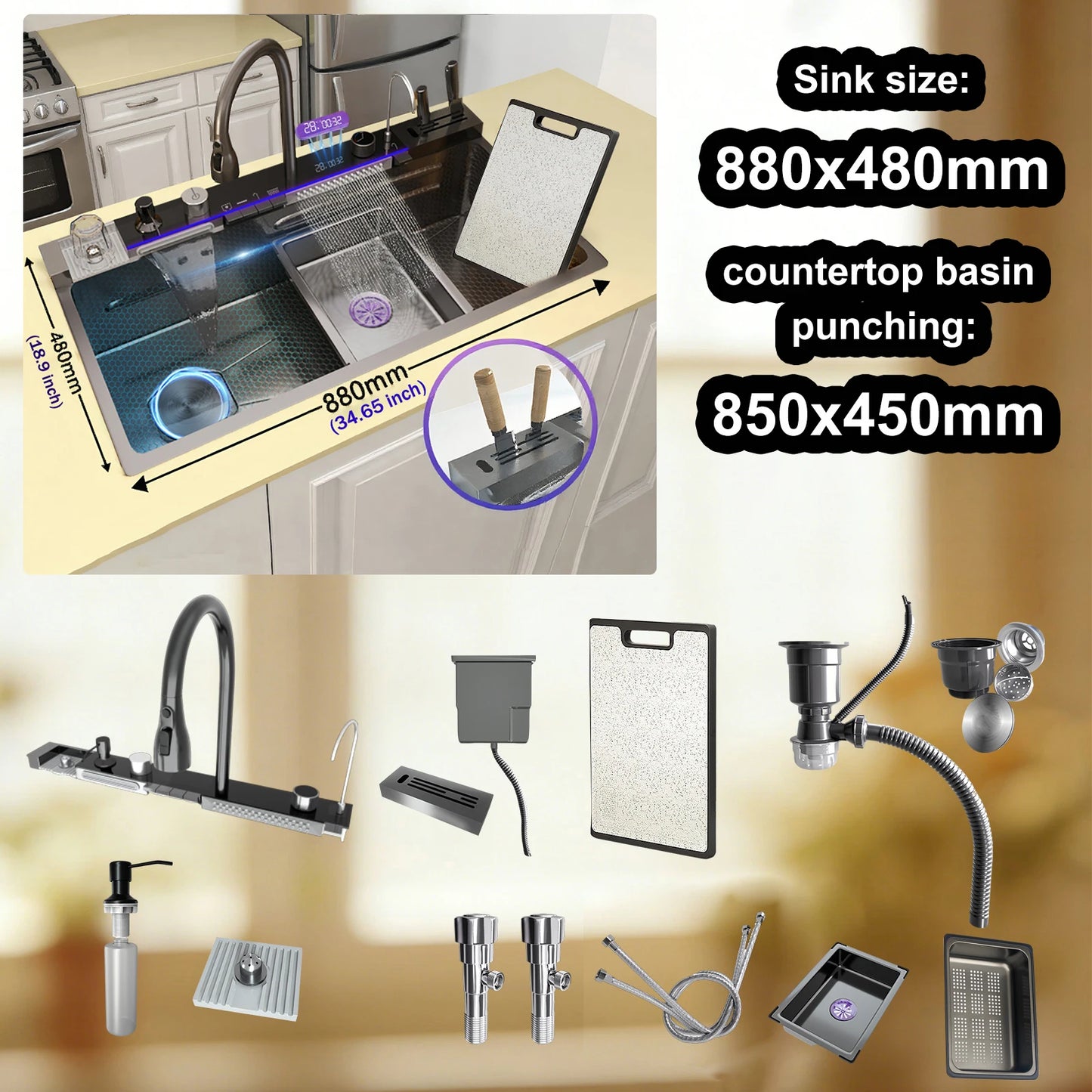TELISIYA 304 Stainless Steel Waterfall Kitchen Sink With Digital Display Faucet