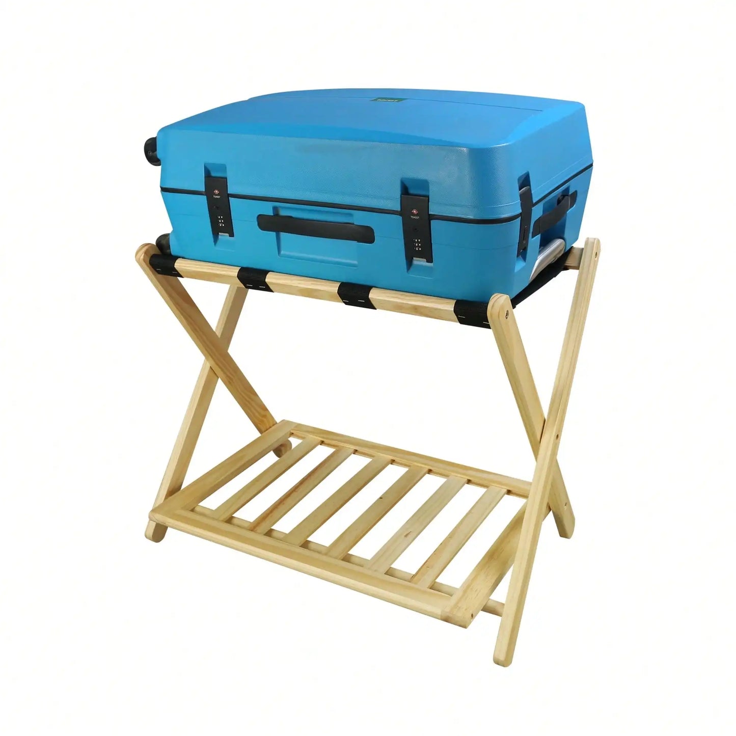 Solid Wood Folding Luggage Rack with Heavy Duty Straps and Storage Shelves