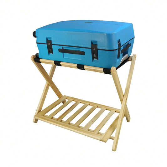 Solid Wood Folding Luggage Rack with Heavy Duty Straps and Storage Shelves
