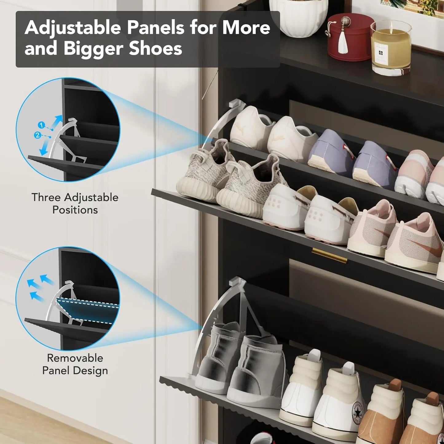 Shoe Cabinet for 24 Pairs Slim Freestanding Organizer with Flip Drawers and Hooks