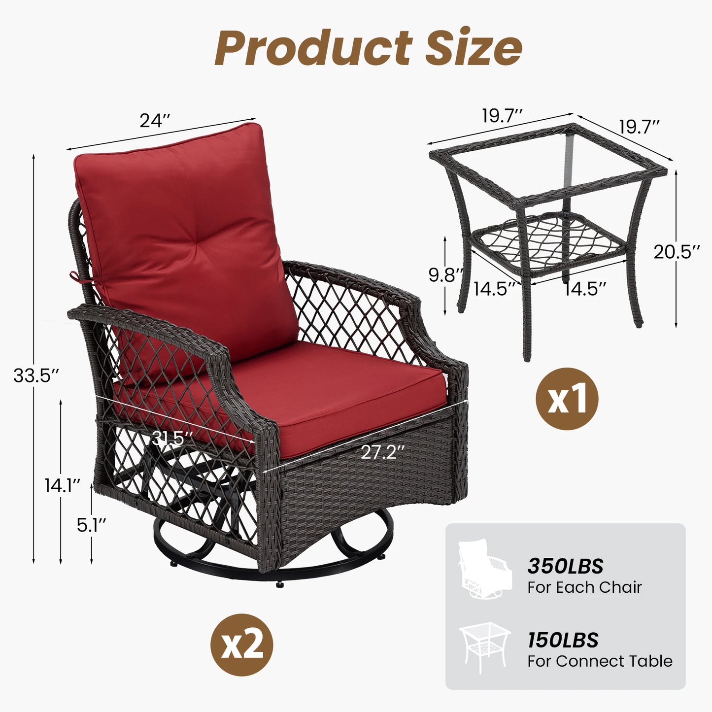 3 Piece Swivel Patio Bistro Set Outdoor Wicker Chairs