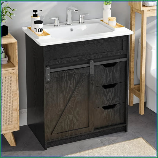 Farmhouse Wooden Bathroom Vanity Cabinet With Sliding Barn Door