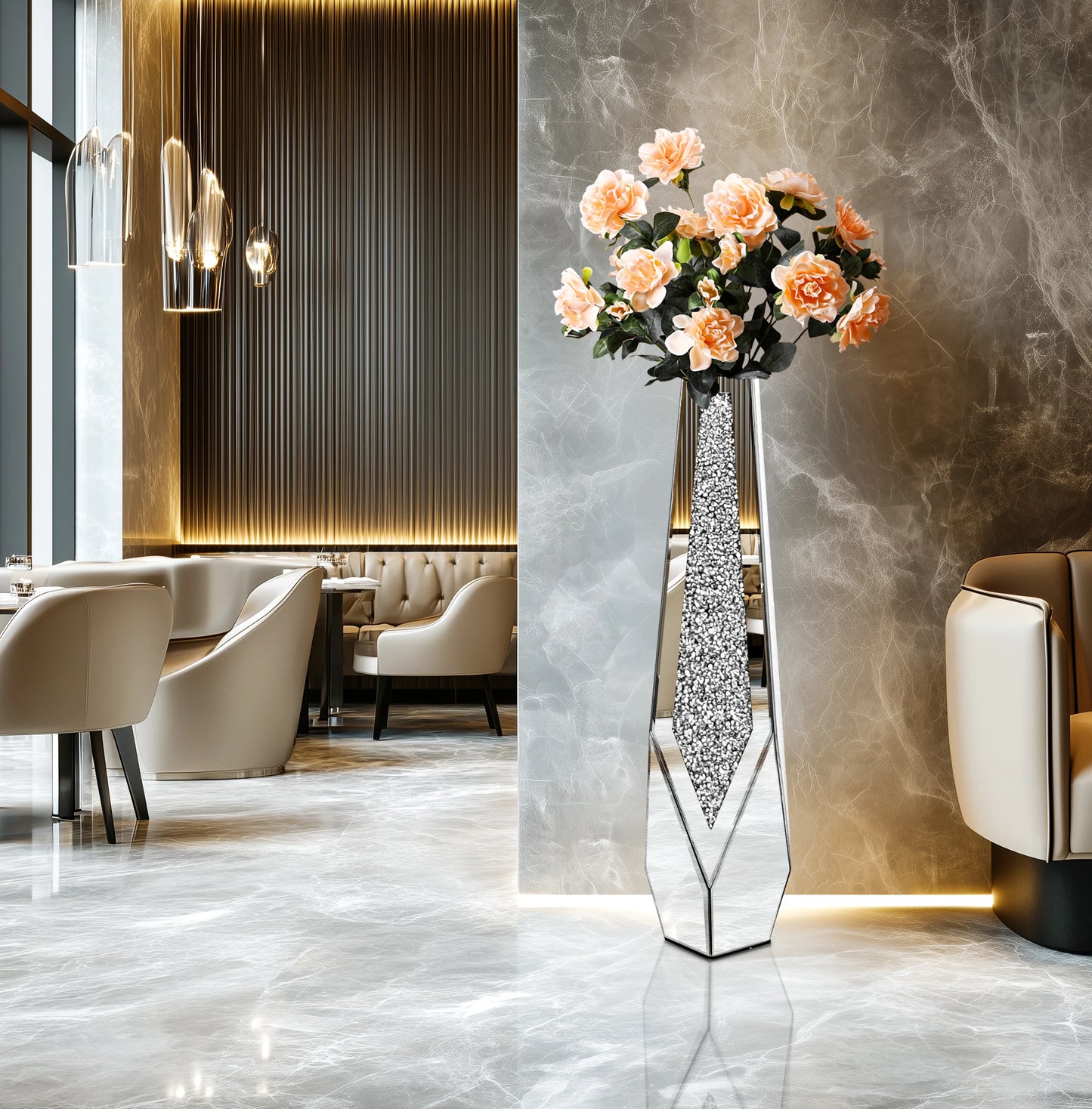 Tall Crushed Diamond Floor Vase Modern Crystal Home Decor for Living Room