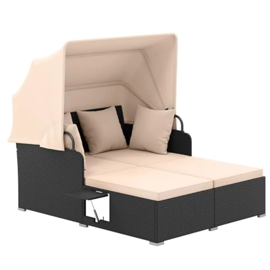 Patio Rattan Daybed With Retractable Canopy Folding Side Tables