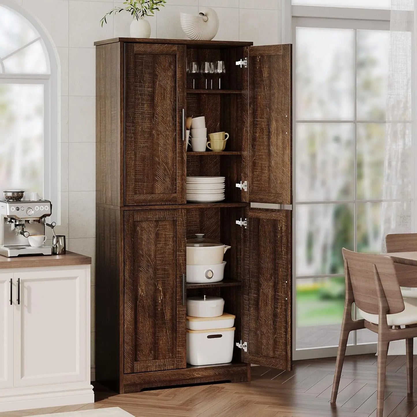 Studyset Freestanding Kitchen Pantry Cabinet Four Doors Adjustable Shelves