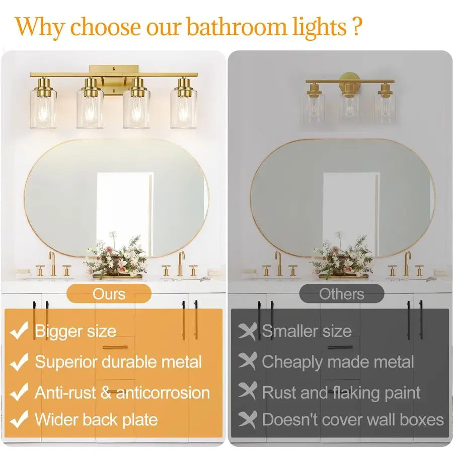 Vanity Lights With Clear Glass Shades Brushed Gold Bathroom