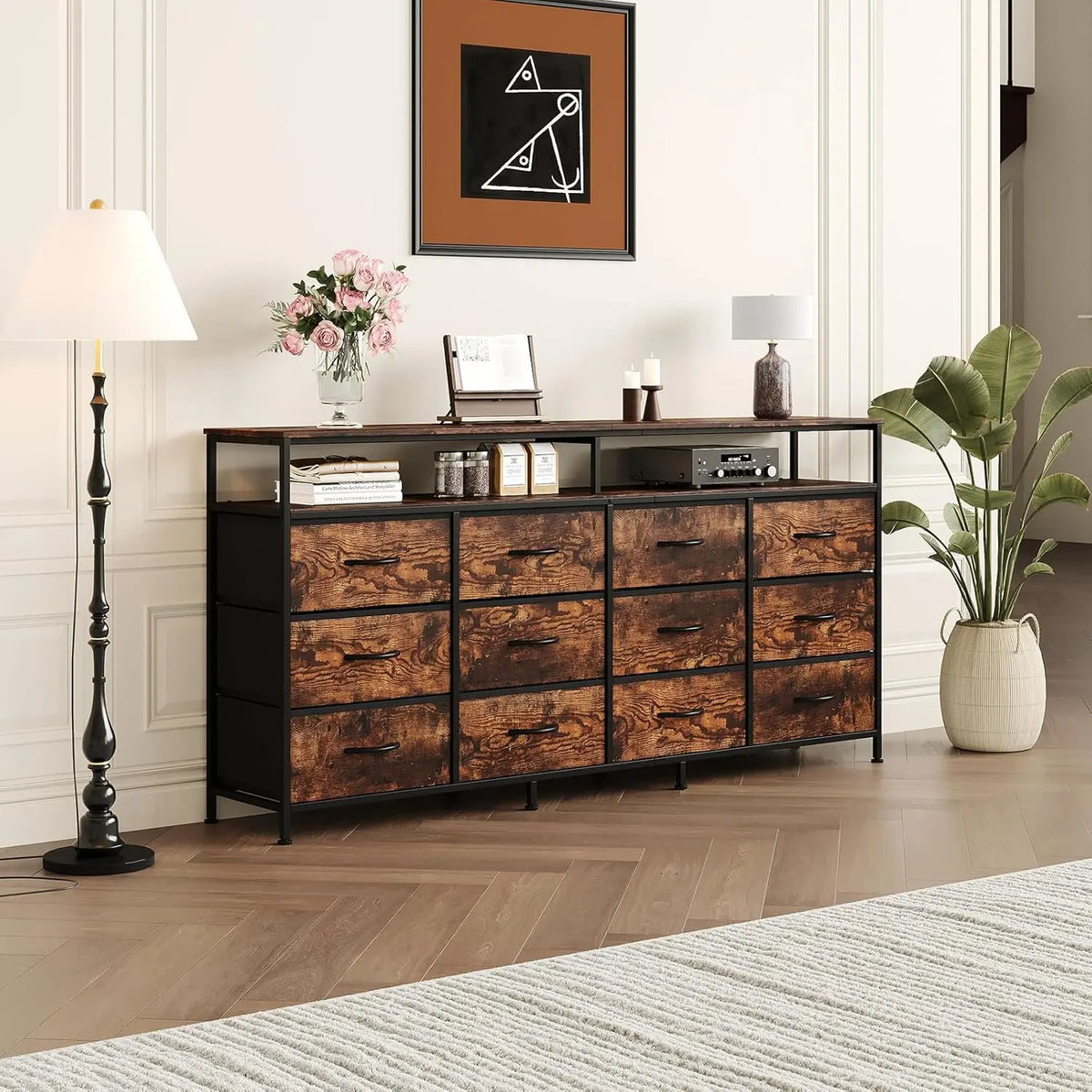 HiMISS Multidrawer Storage Console With Open Compartments Steel Frame